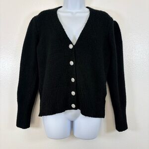 Marled Felted Clothing Black Fuzzy Cardigan | Jeweled Buttons | Size L
